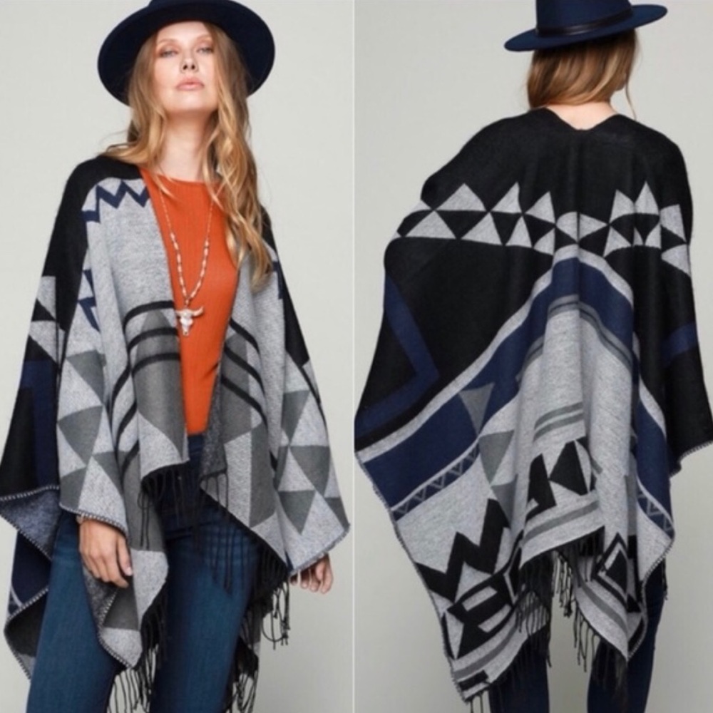 Boho Aztec Print Woven Blanket Kimono Wrap Cardigan Black/Grey/Blue